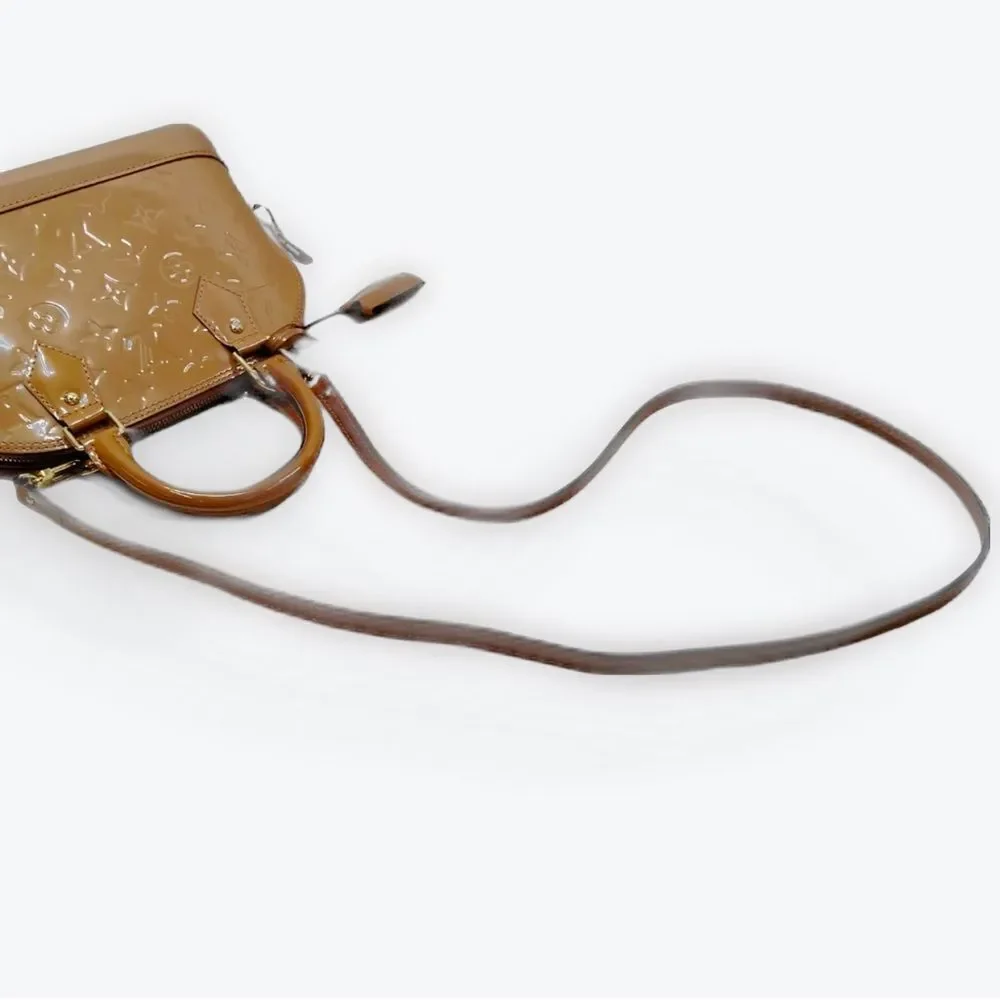 Auth Louis Vuitton Camel Brown Vernis Patent Leather 2way LV Alma BB Satchel